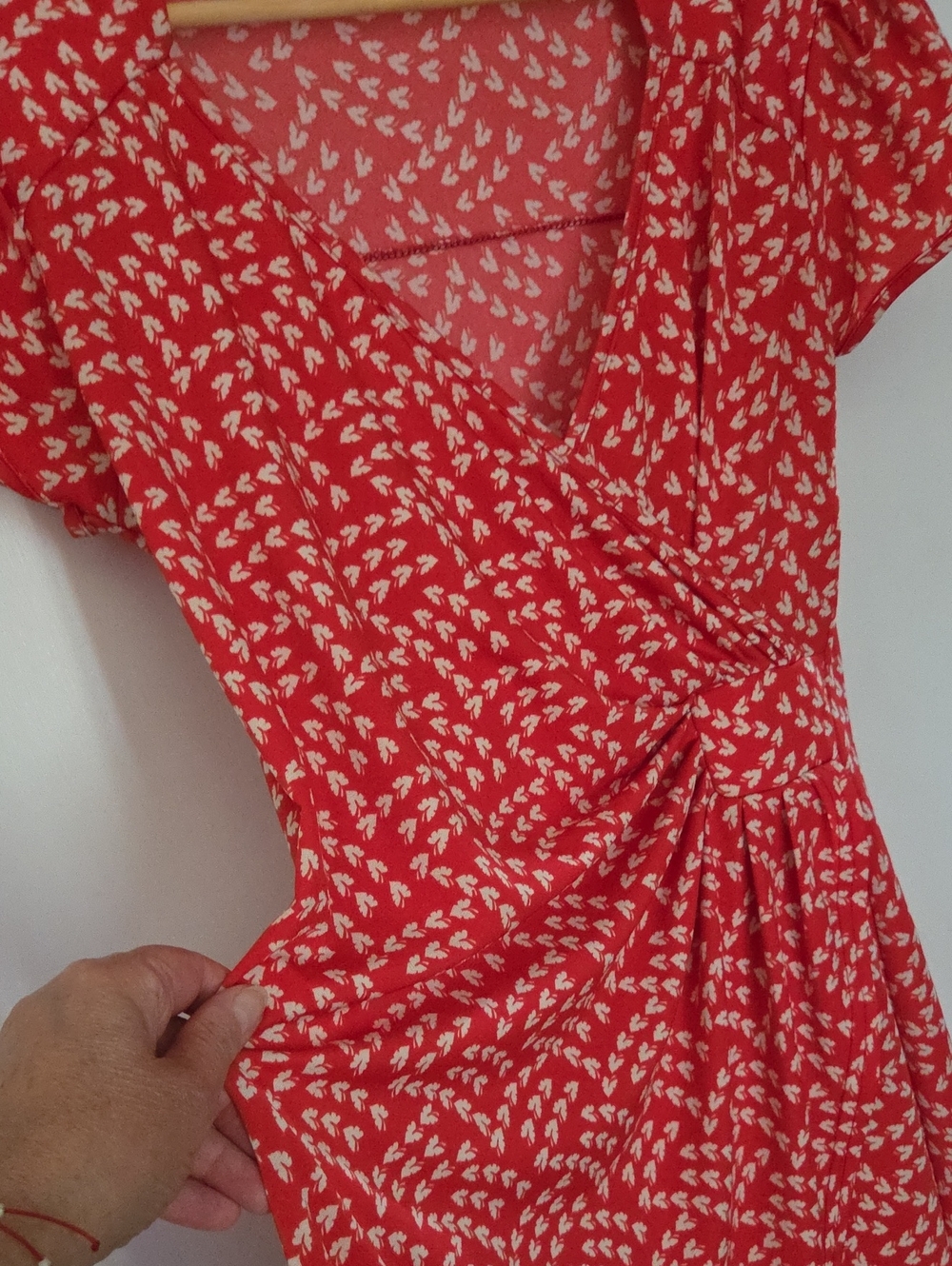 Red Floral Wrap Dress Short Sleeve V-Neck Cottagecore Boho Made In France Sz.12 - Picture 9 of 9